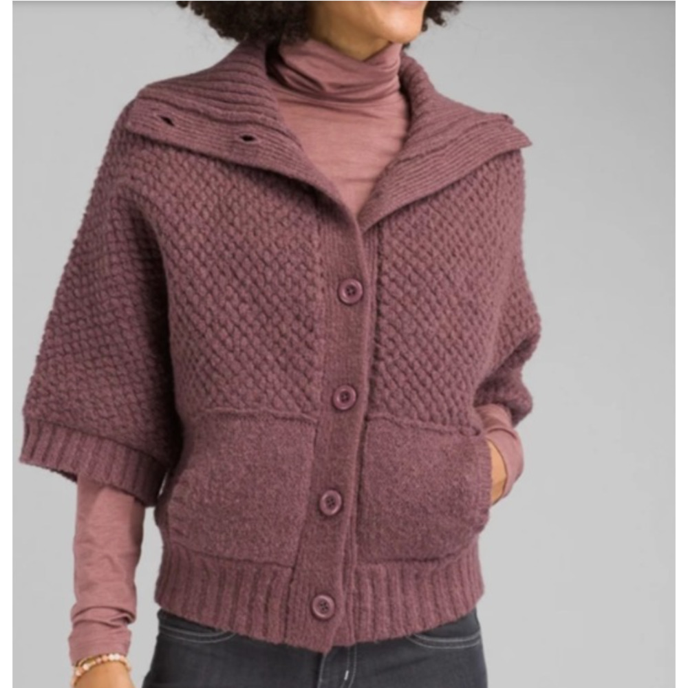 prAna Women's Milone Sweater Purple Cropped Dolman Sleeves Button Down Size M